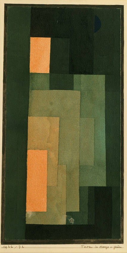 “Turm in Orance und Grün” [Tour en orange et vert], tableau abstrait, aquarelle avec encre et mine de plomb de Paul Klee, 1922